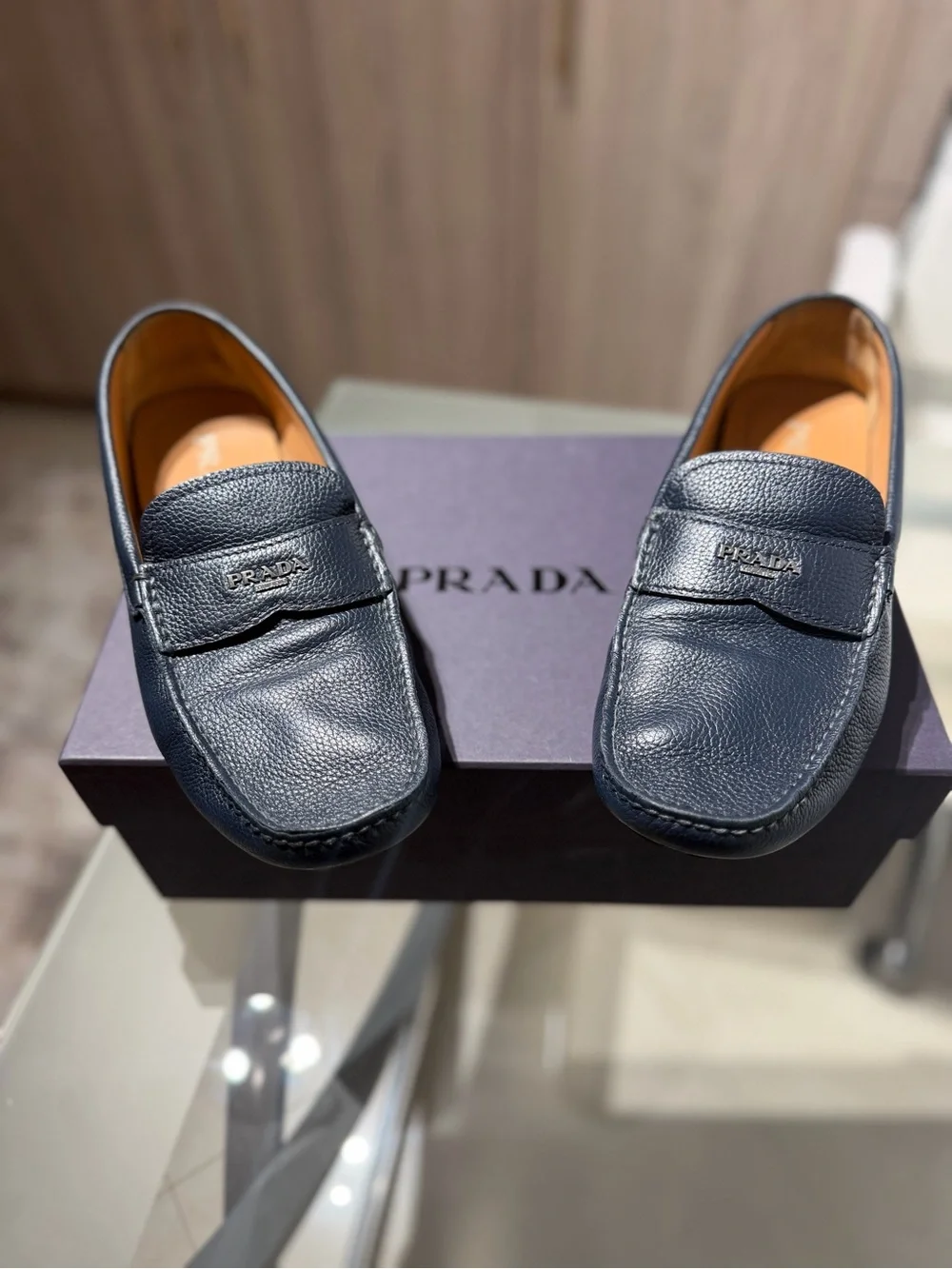 Prada Navy Pebbled Leather Driving Loafers